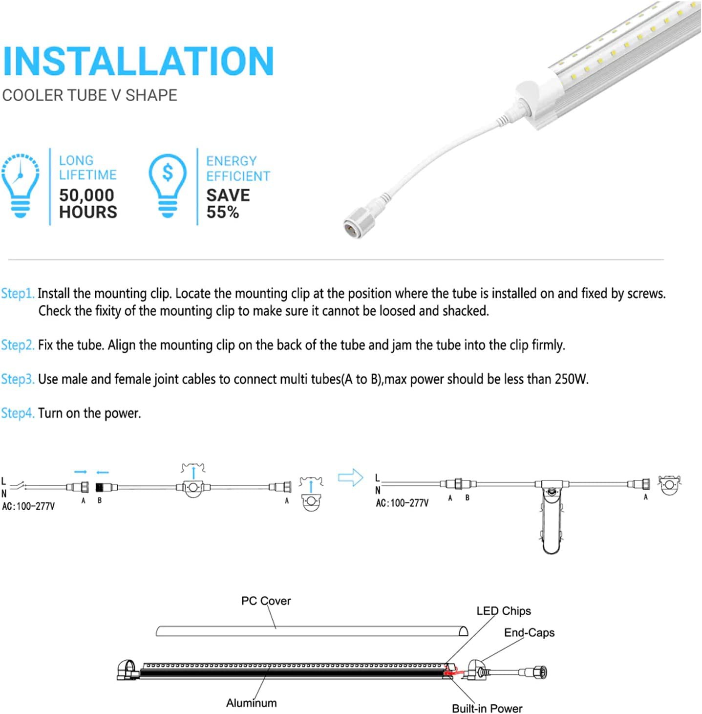 32W T8 V Shape LED Cooler or Freezer Lights 5000k Clear more detail