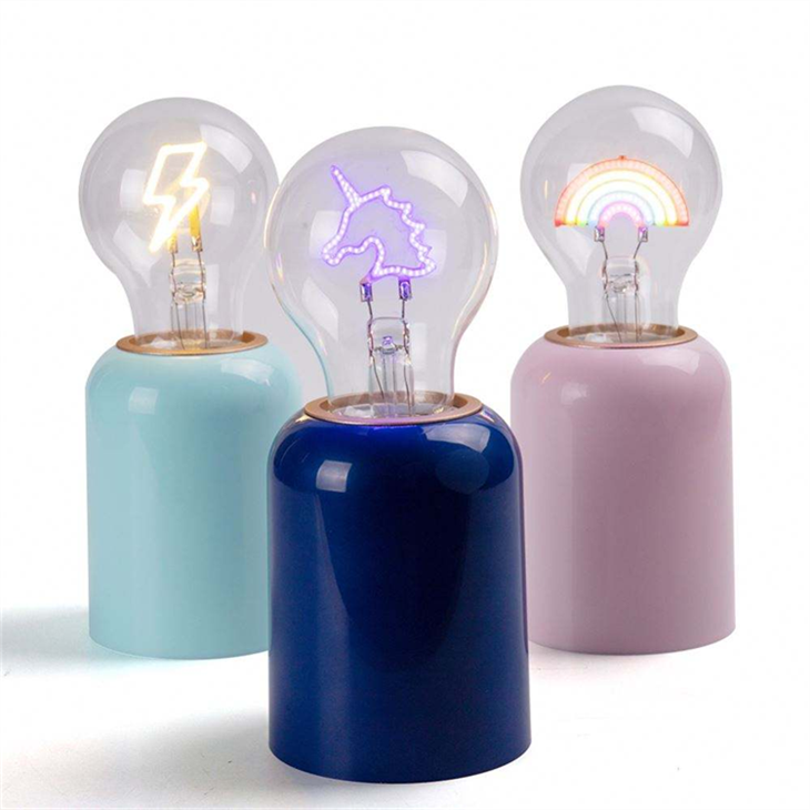 LEGAMI - glödlampa formad bordslampa, laddningsbar med USB-kabel, trådlöst, Bulbs Fiction, regnbågstema
